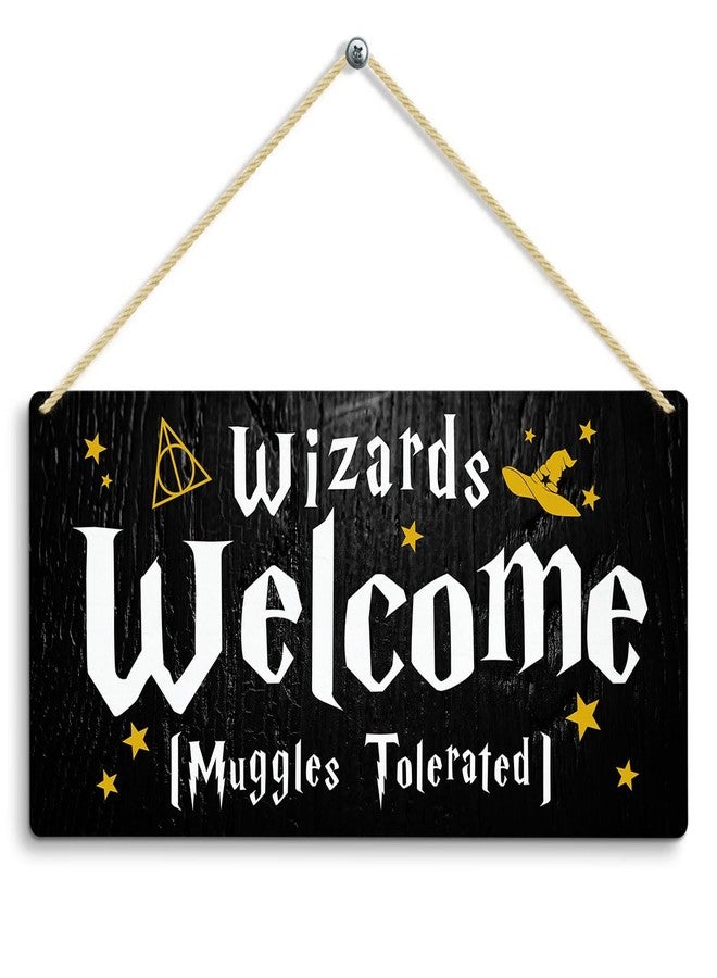 LOTHUY Wizards Welcome MuggleTolerated Sign, Gothic Magic Gifts Hanging Wall Plaque Signs for Kids Room Decor, Wizardry Welcome Sign for Front Door, Funny Magic Home House Bathroom Decor Sign 12 X 6 In - Image 1
